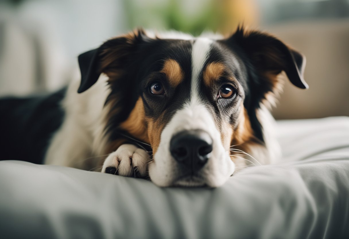 A sick dog lies lethargic with a fever, coughing and sneezing. A veterinarian examines and diagnoses the infectious disease