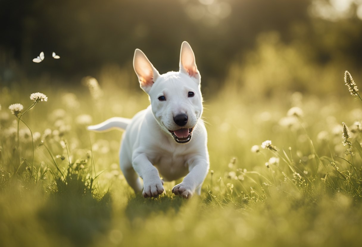 A bull terrier puppy romps through a sunny meadow, chasing butterflies and wagging its tail in excitement