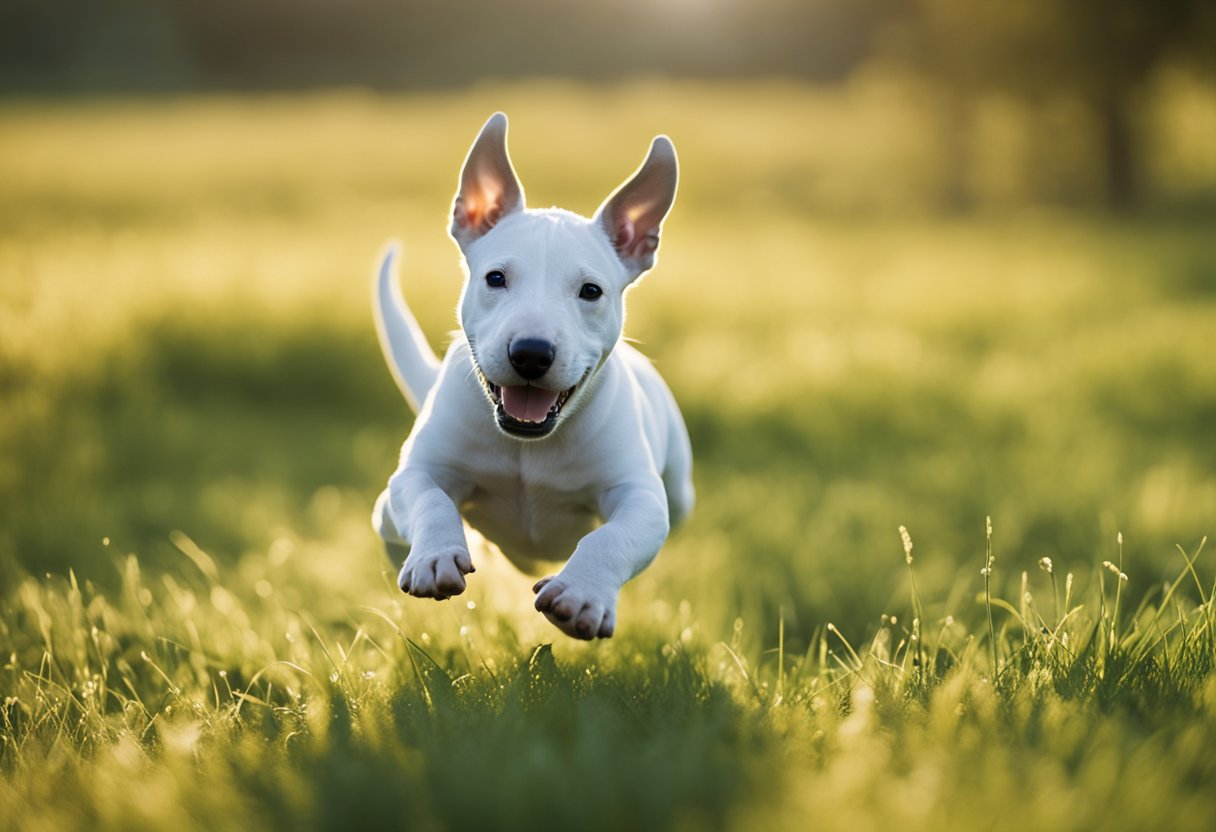 A playful bull terrier puppy running in a grassy field, with floppy ears and a wagging tail