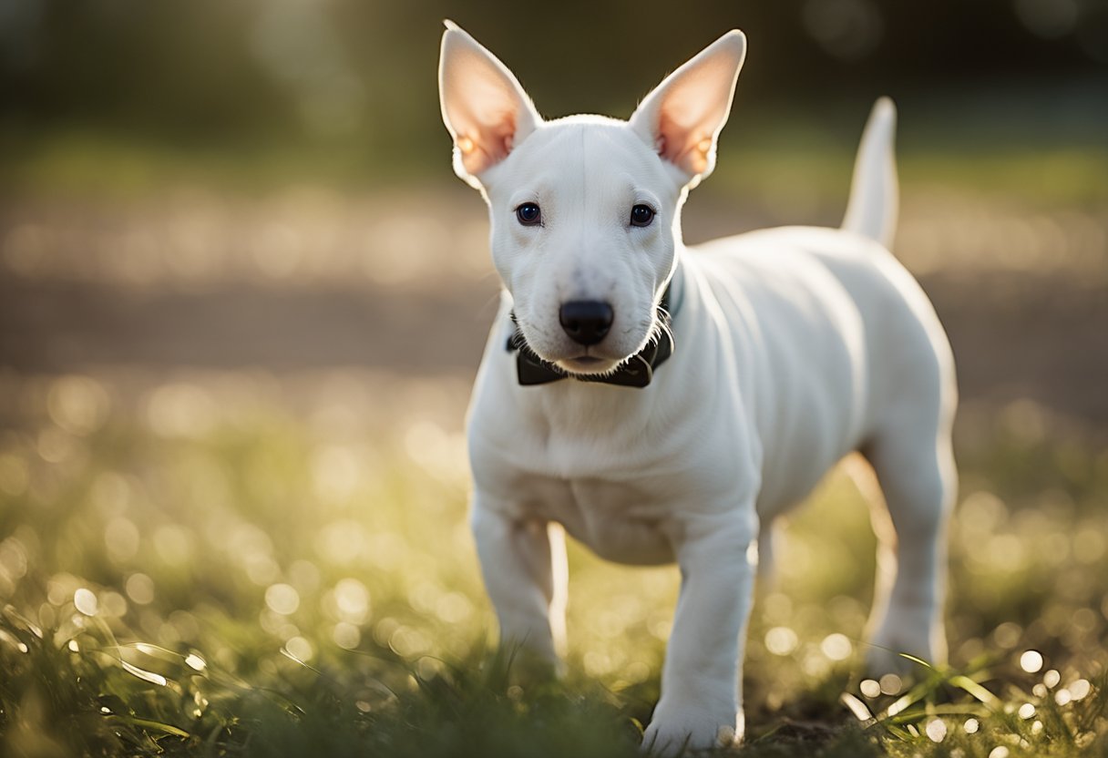 A bull terrier puppy with a sturdy build, short coat, and distinctive egg-shaped head, standing alert with perky ears and a wagging tail