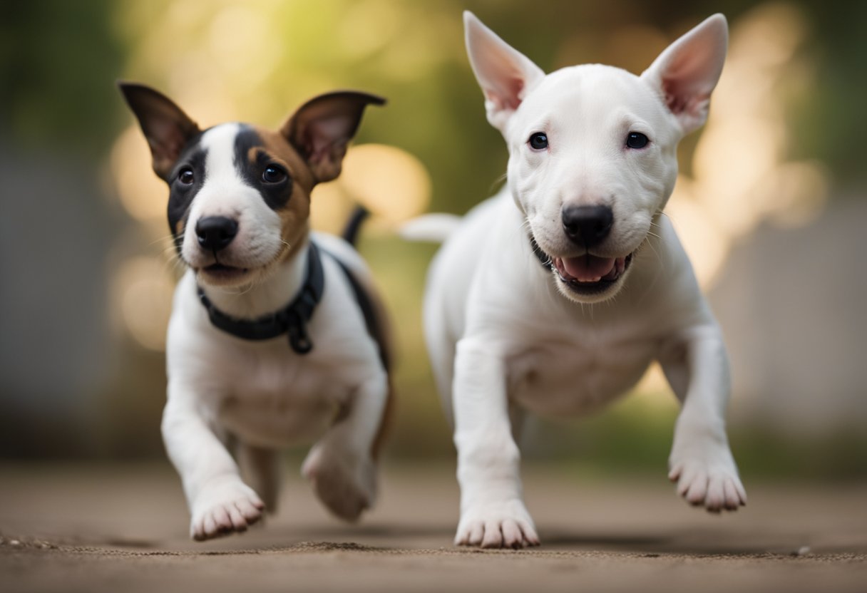 A bull terrier puppy plays energetically, wagging its tail and jumping around with a curious and friendly demeanor