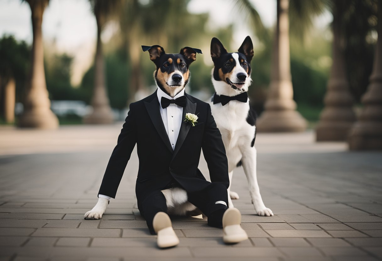 A dapper dog in a sleek black tuxedo, standing proudly with a bow tie and polished shoes