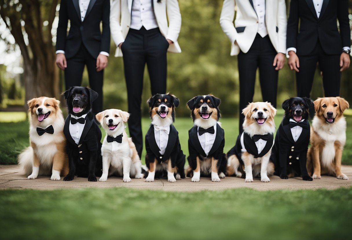 A group of dogs wearing tuxedos stand in a line, tails wagging, as they pose for a photo at a fancy event