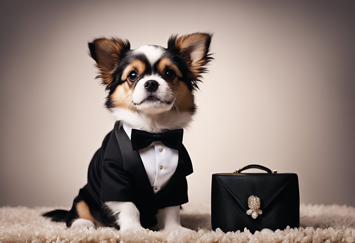 A dog stands on a plush carpet, wearing a black tuxedo with a bow tie and cufflinks. A top hat sits nearby, along with a pair of shiny dress shoes