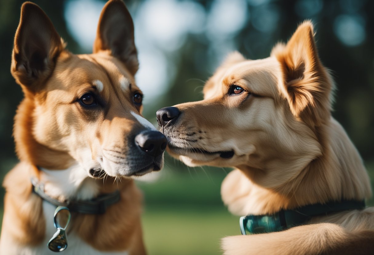 Two dogs stare at each other, one with a bone, the other with a toy. Their body language shows tension and possessiveness