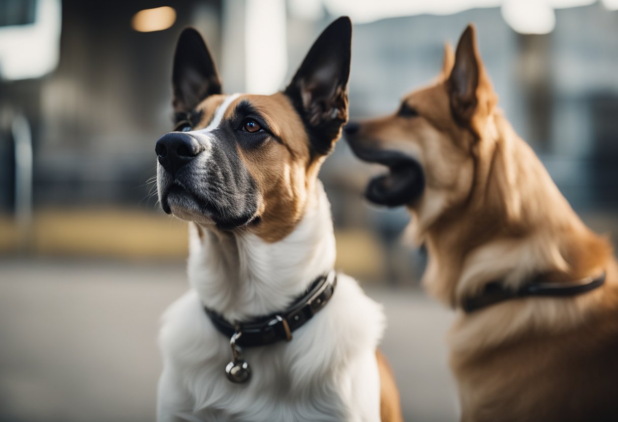 A dog stares at another receiving attention, ears back and tense body language