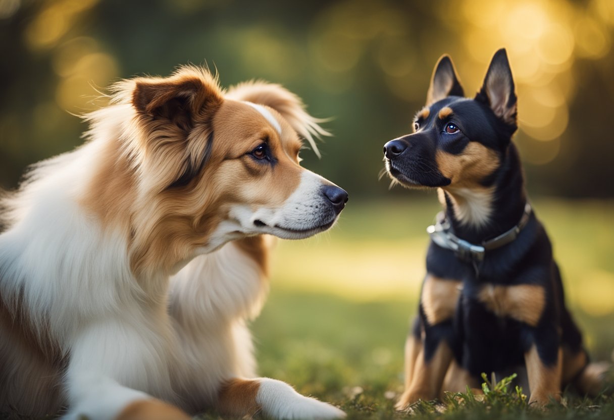 Two dogs stare intensely at each other, one with raised hackles and narrowed eyes, while the other guards a coveted toy