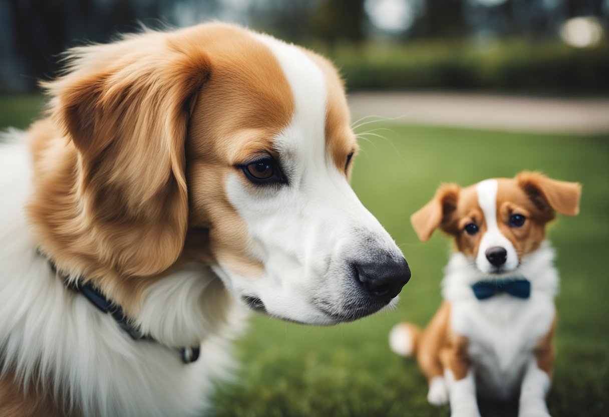 Two dogs, one with raised hackles, eyeing the other's toy