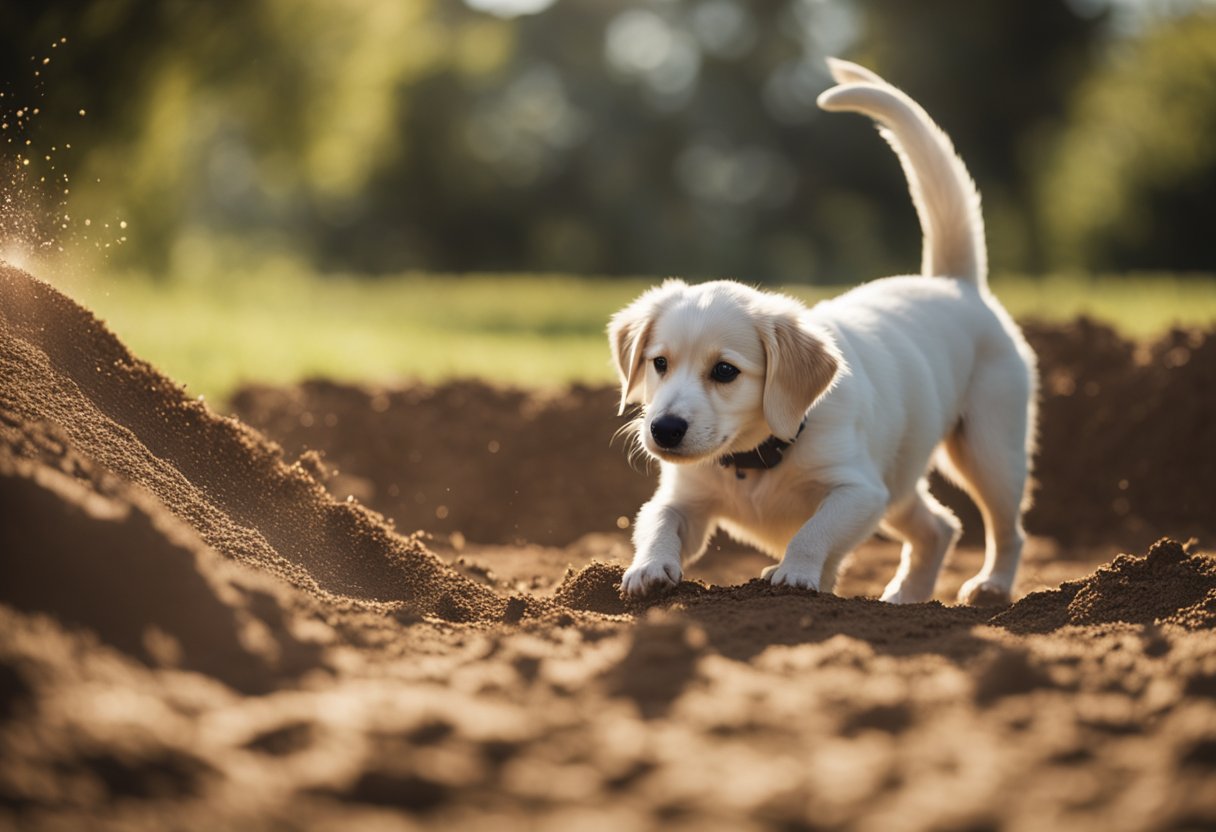 A dog digs a hole in the soft, sunlit earth, kicking up dirt and scattering it around as it searches for buried treasure