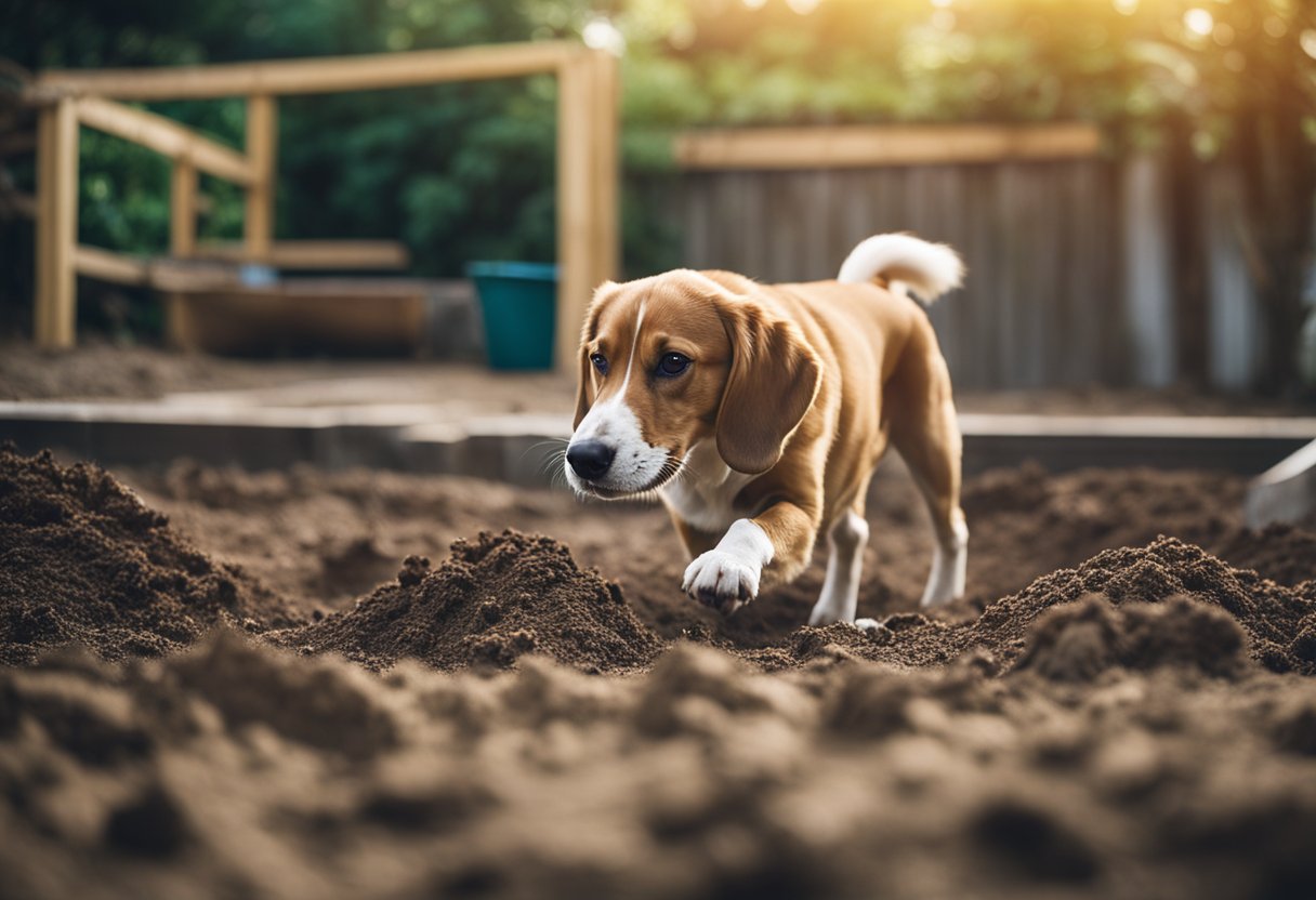 A dog digging a hole in the backyard, dirt flying as it uses its paws to excavate