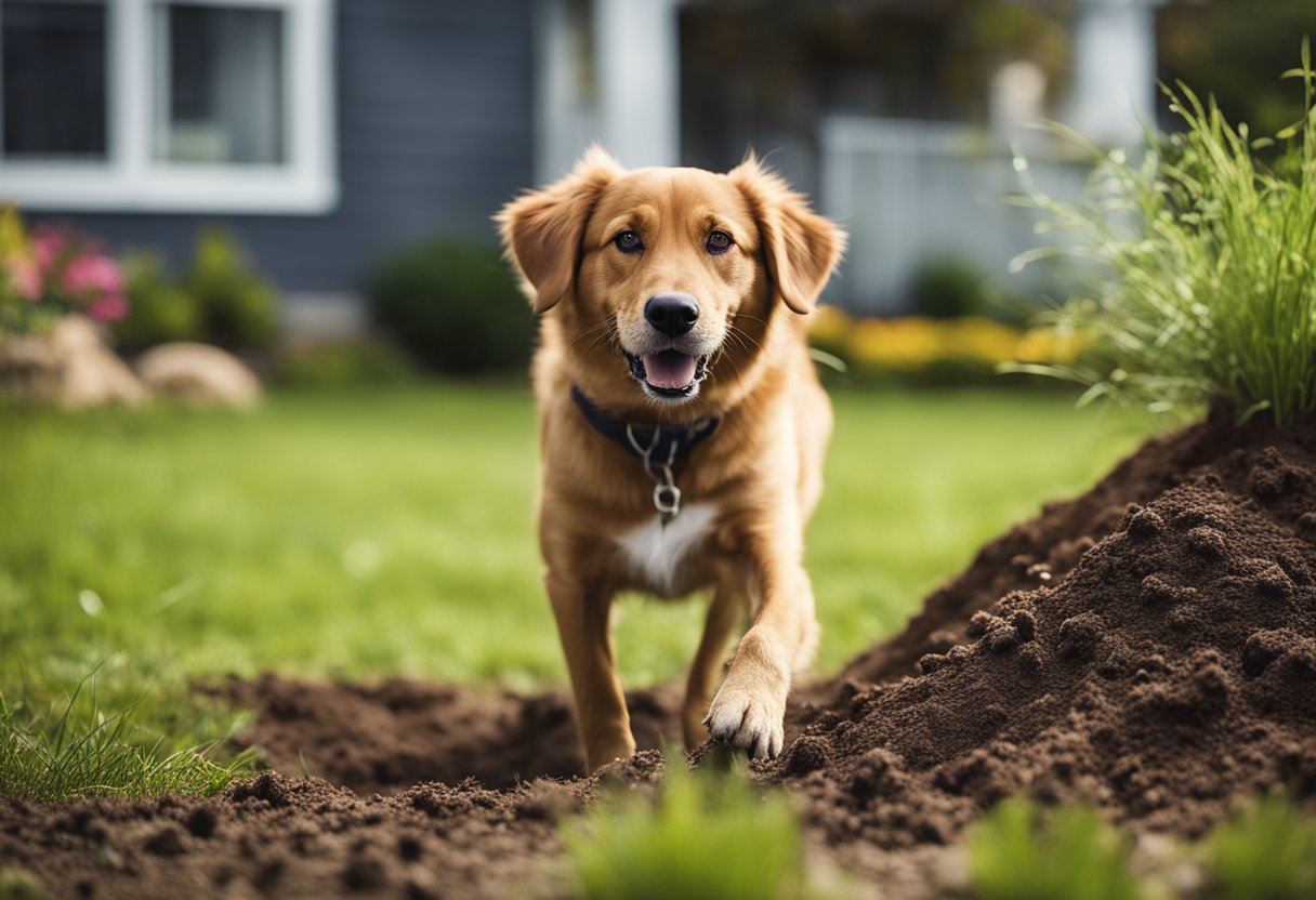 A dog digging in a backyard, scattering dirt and grass, with a determined look on its face