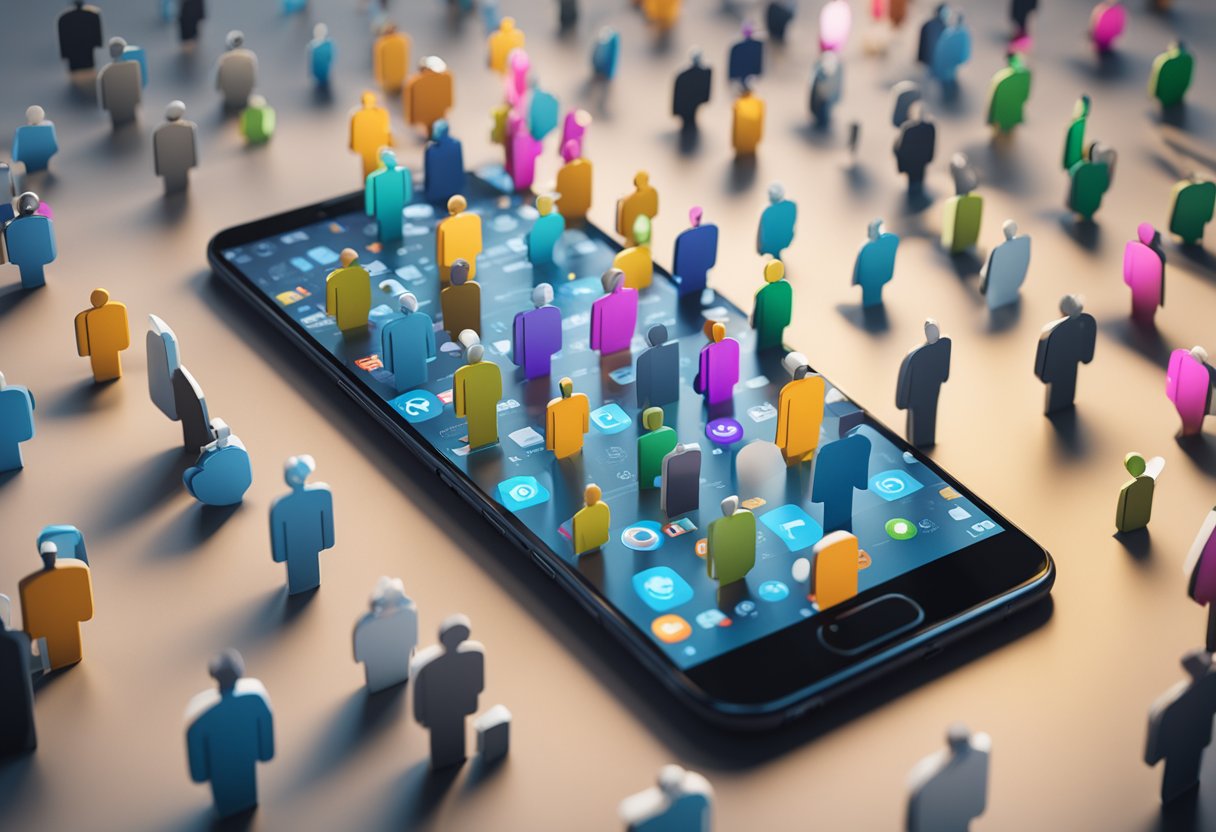 A smartphone with social media icons, a graph showing growth, and a crowd of diverse avatars interacting with posts