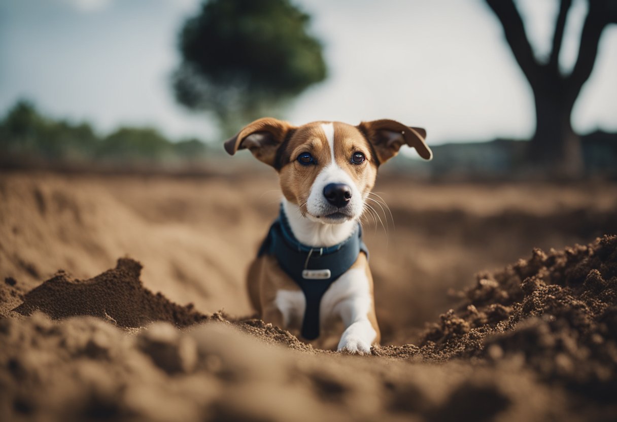 A dog enthusiastically digs a hole in the soft earth, surrounded by scattered dirt and a look of focused determination on its face