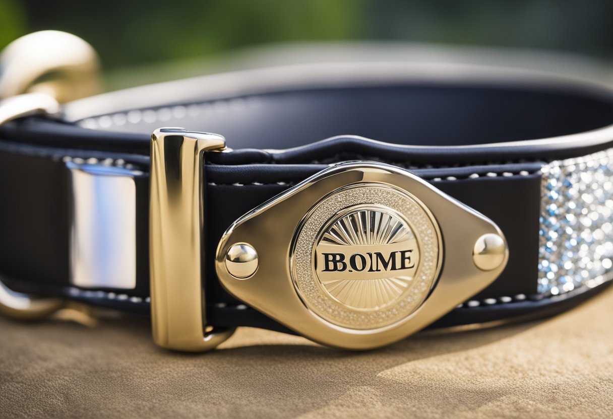 A dog collar with a shiny name plate attached