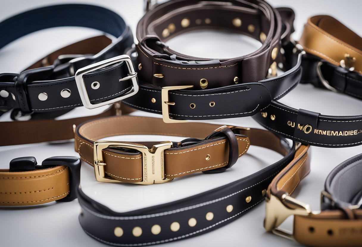 A variety of dog collars with attached name plates displayed on a clean, white surface