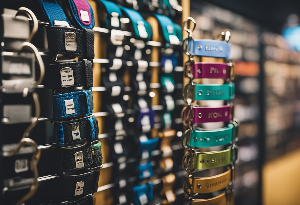 A dog collar with a shiny name plate hangs on a display rack in a pet store. Nearby, colorful collars are neatly arranged on hooks