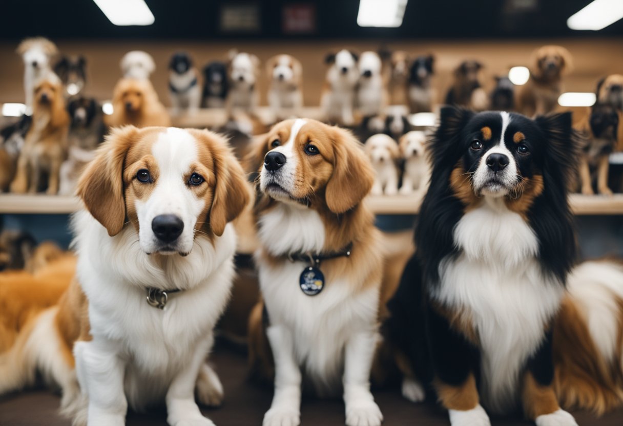 A group of dogs of various breeds and sizes are displayed with price tags at a pet store