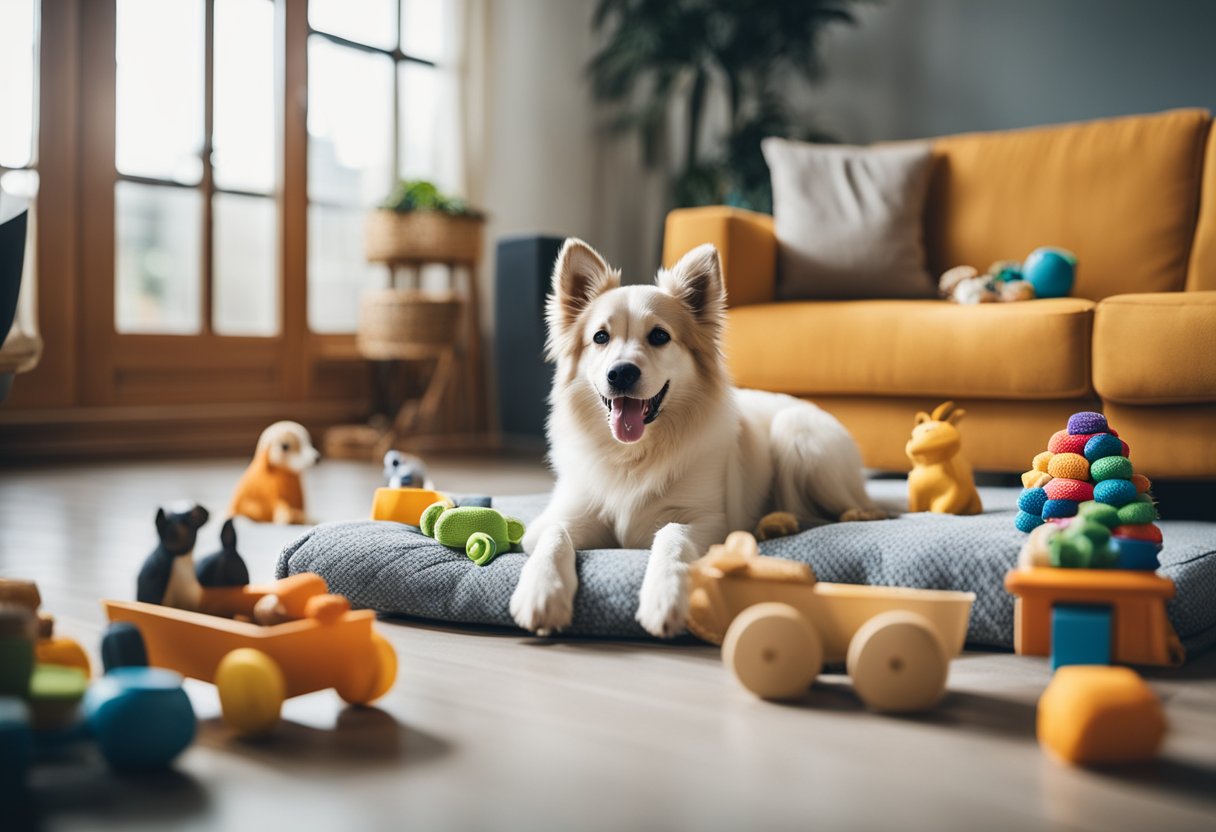 A happy dog playing with toys in a cozy home, surrounded by food, toys, and a comfortable bed