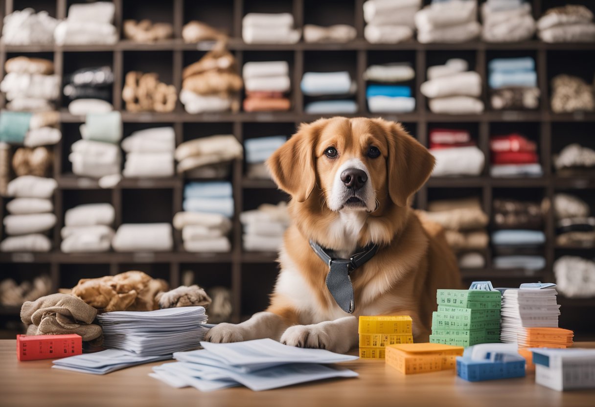 A dog sitting next to a pile of dog-related expenses, such as food, toys, grooming supplies, and vet bills. A calendar with monthly and annual costs is displayed in the background