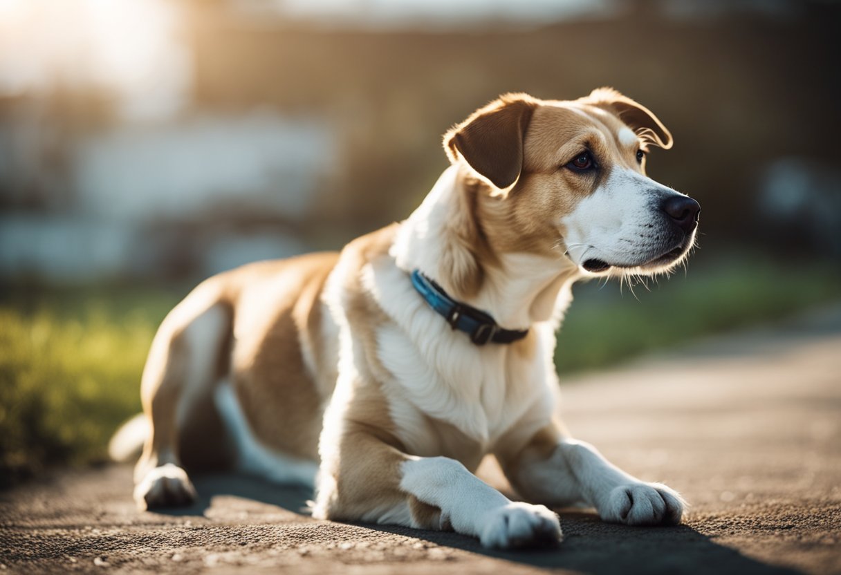 A dog with parvovirus stands alone, looking sick and weak