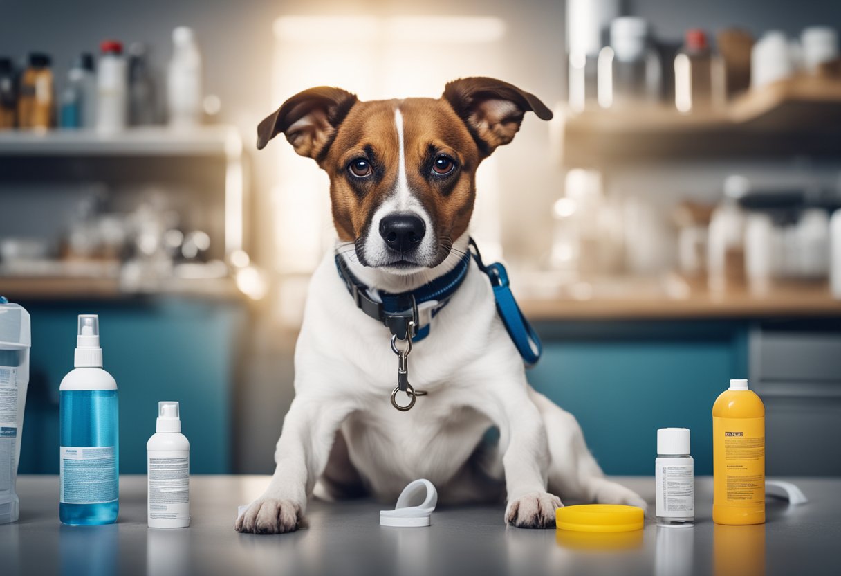 A dog with a worried expression, surrounded by disinfectant spray, vaccines, and a leash