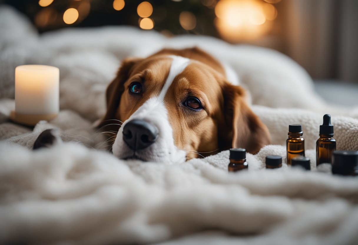 A dog lying on a cozy blanket, surrounded by calming essential oils and soft music, while a comforting hand gently pets its fur