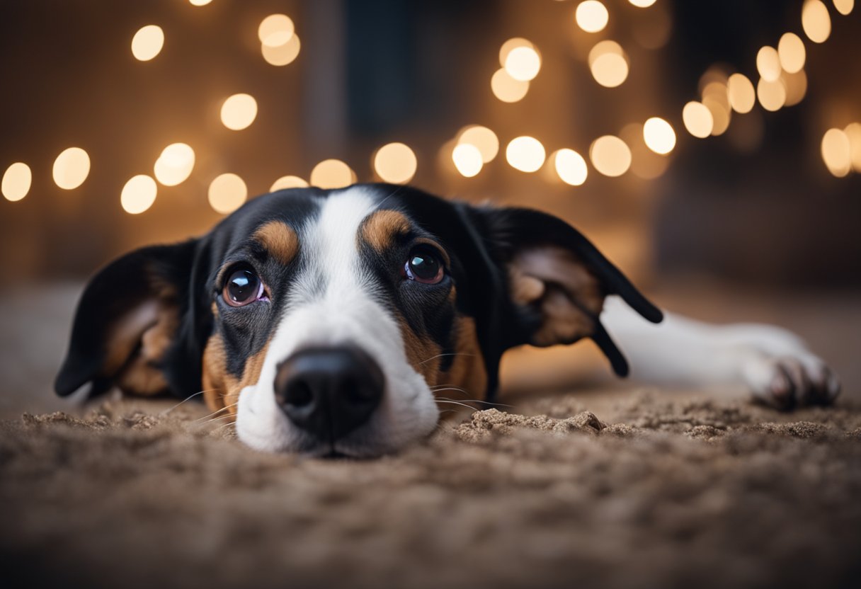 A dog cowers under a table, ears flattened, as fireworks explode outside. A comforting blanket and calming treats sit nearby