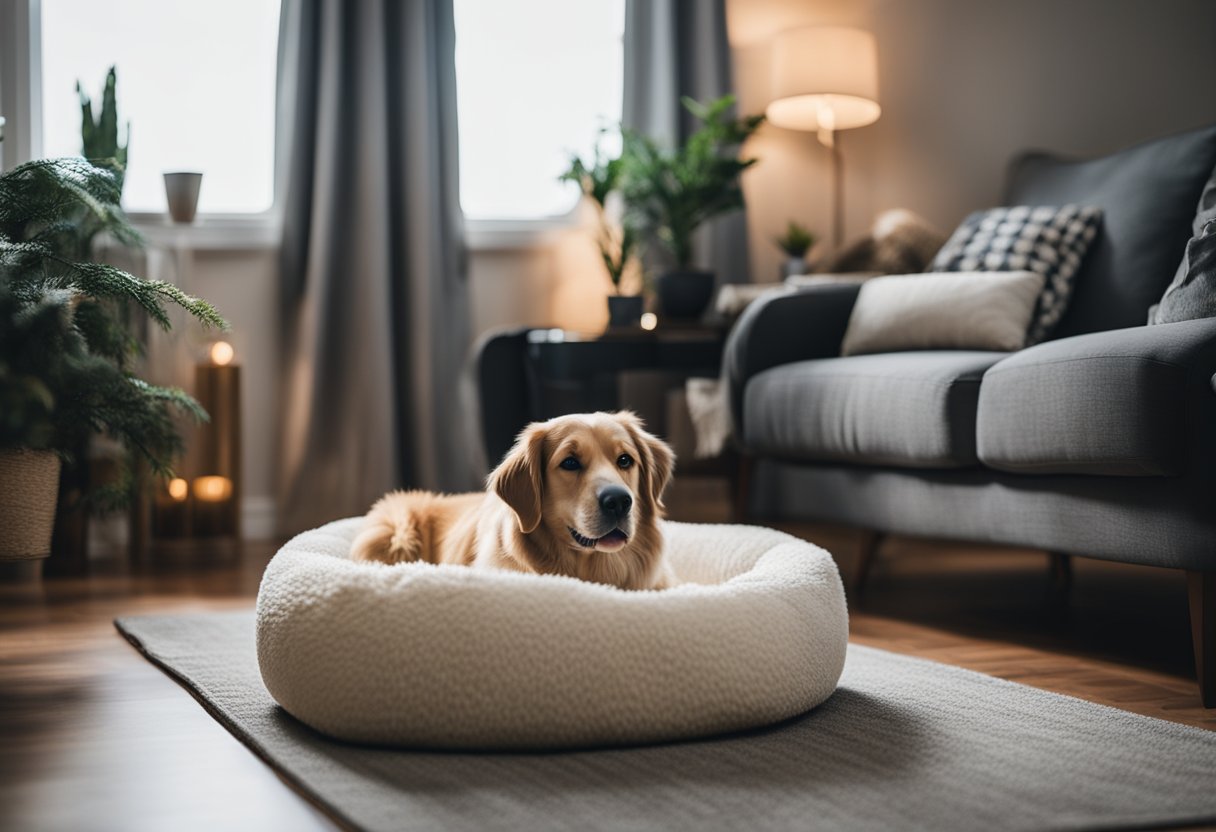 A cozy living room with dim lighting, soft music playing, and a comfortable dog bed. A diffuser emits calming scents, and a variety of comforting toys and treats are scattered around the space