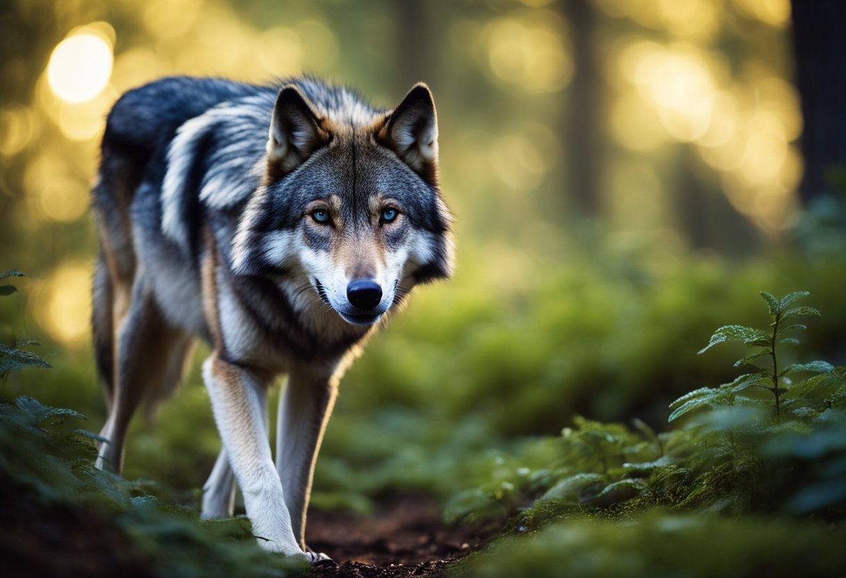 The dewclaws of a wolf protrude from the forest floor, glistening with morning dew