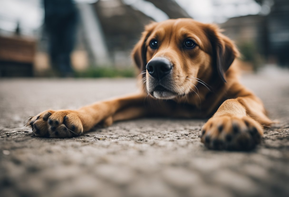 Dewclaws protruding from a dog's front paws, located higher up the leg than the other toes, with a distinct nail and pad