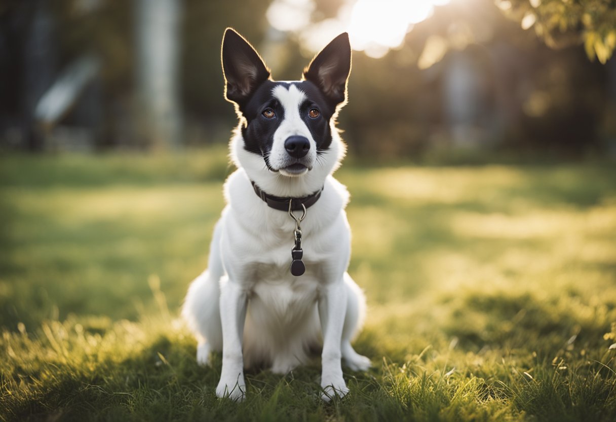 A female dog sits nervously, panting heavily, and licking her genital area. She may exhibit restlessness and seek attention from other dogs