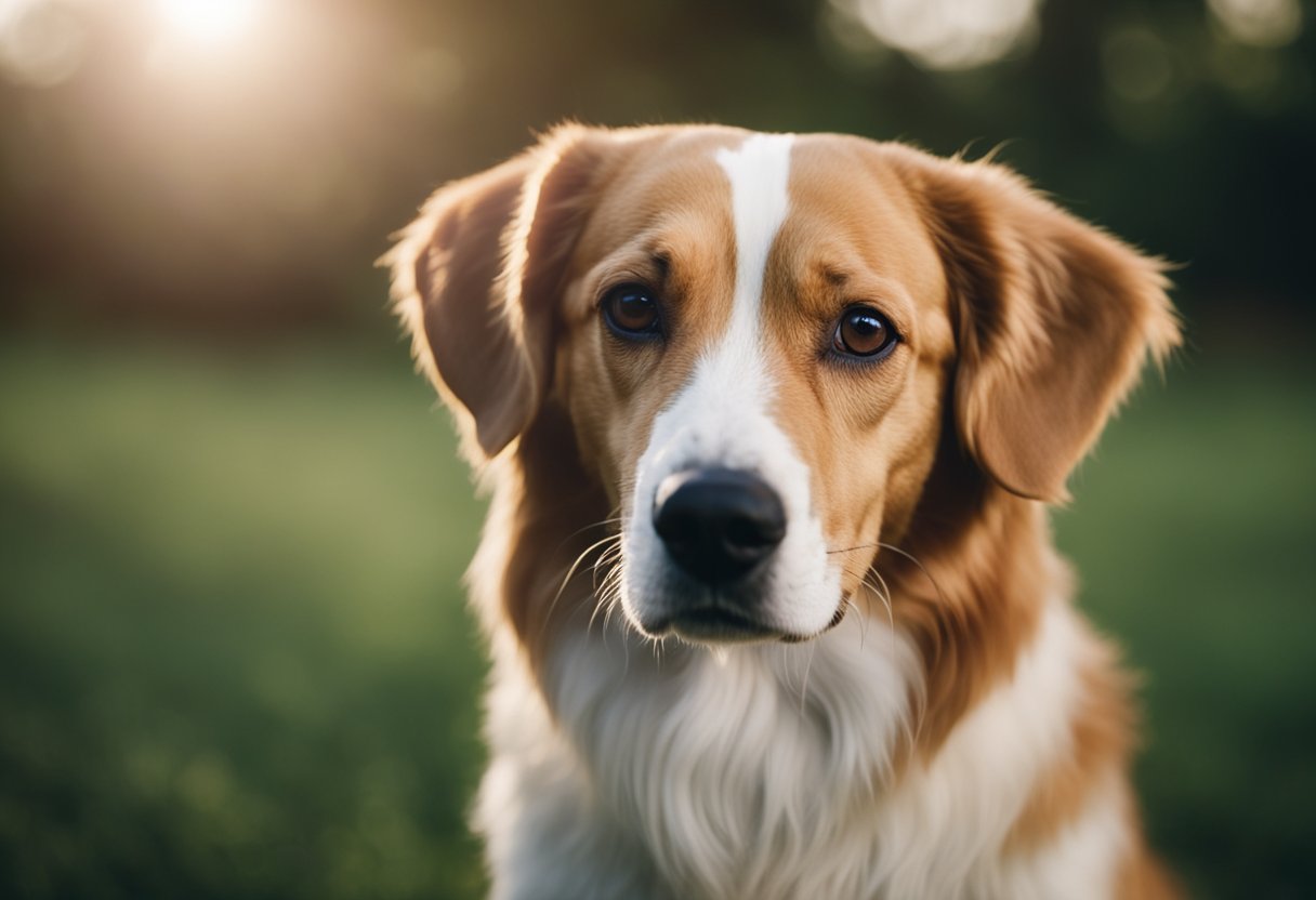 A female dog in heat, displaying signs of restlessness, frequent urination, and a swollen vulva. Male dogs may be seen attempting to mount her