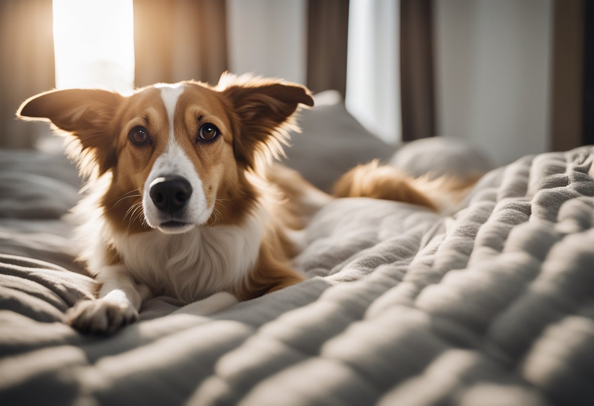 A female dog lies on a comfortable bed, panting and restless. A heat pad and calming music are nearby to help soothe her discomfort