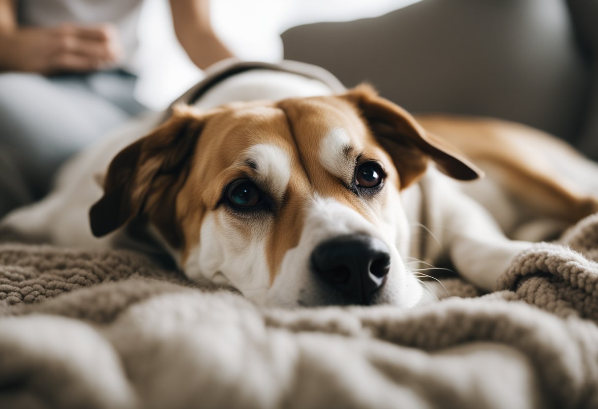 A dog lying on a soft blanket, receiving gentle massage and applying a warm compress to its sore muscles