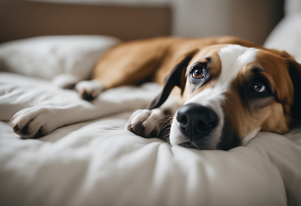 A dog lying on a comfortable bed, with a concerned owner gently stroking its fur. A bottle of medication and a water bowl are nearby