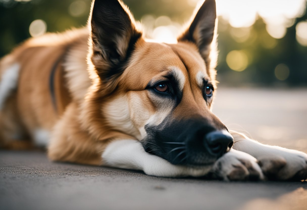 A dog lies on its side with a person kneeling beside it, performing chest compressions and mouth-to-snout rescue breaths. A first aid kit is open nearby