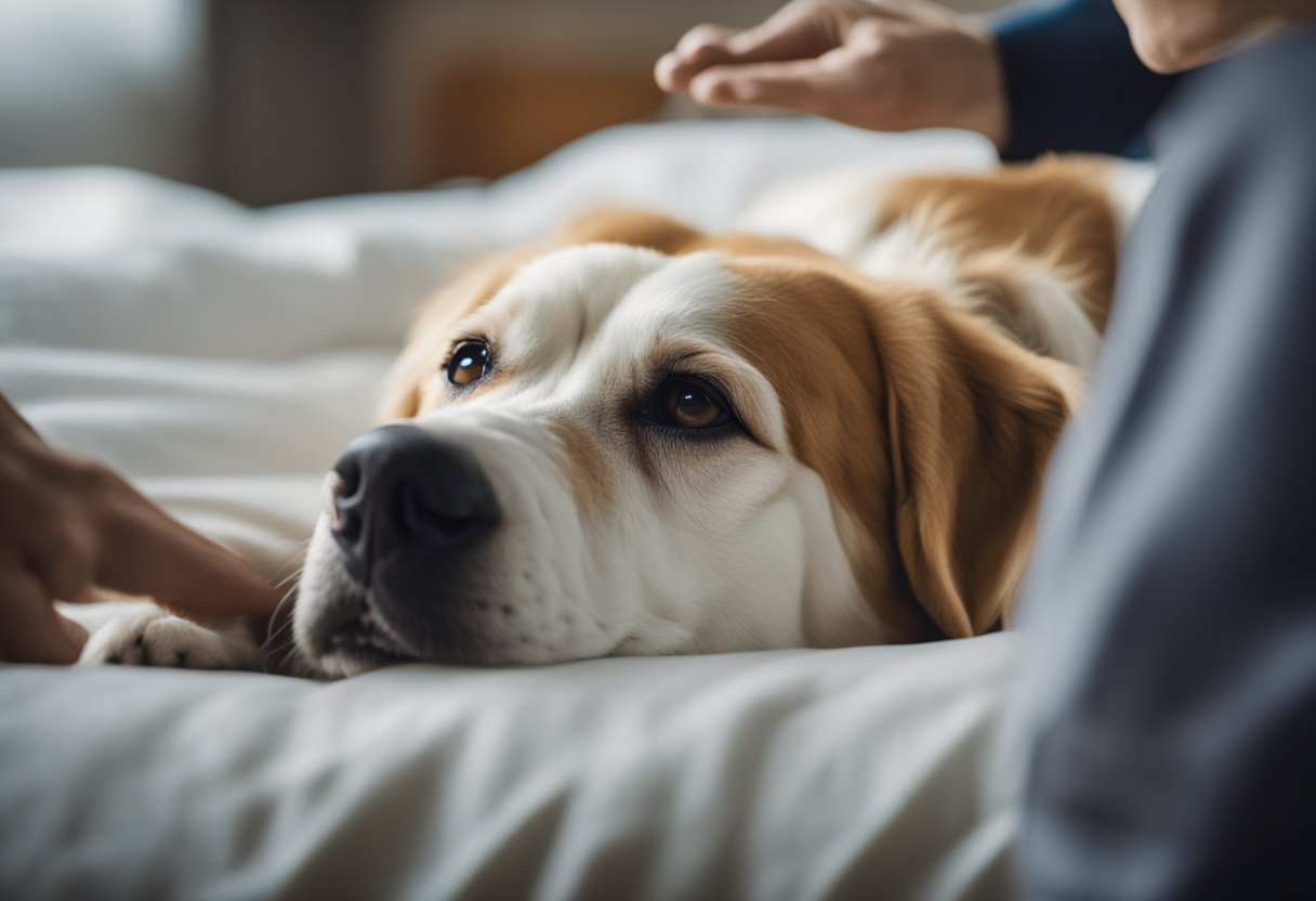 A dog lies on a cozy bed at home, receiving veterinary diagnostics and treatment for a stroke. A caring owner watches as the veterinarian administers care