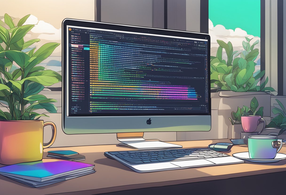 A computer screen displaying JavaScript code with colorful syntax highlighting and a cup of coffee next to it