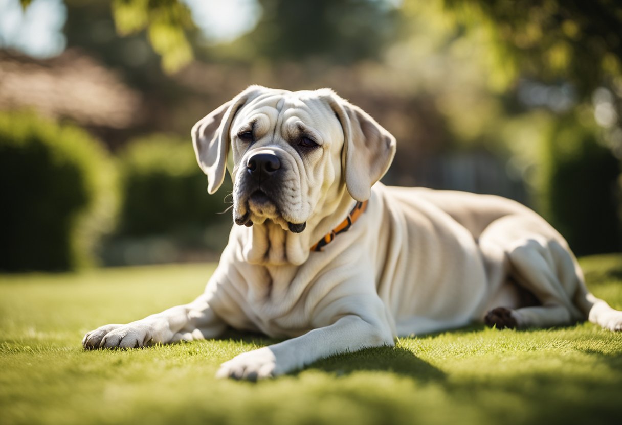 Wrinkly dog breeds lounging in a sunny garden, their loose skin creating interesting folds and creases as they relax