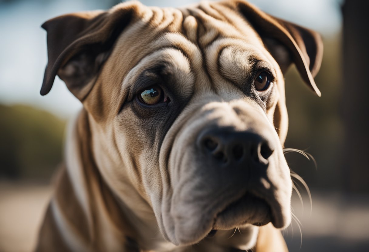 A wrinkly dog breed sits proudly, with loose folds of skin and a distinctive wrinkled appearance