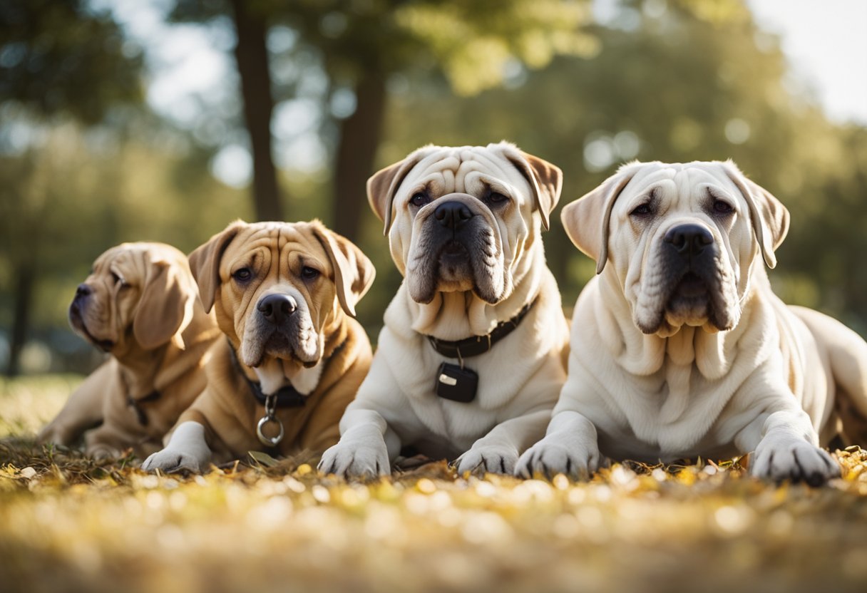 A group of wrinkly dog breeds enjoying a sunny day at a peaceful park, engaging in various wellness activities such as stretching, walking, and playing with toys