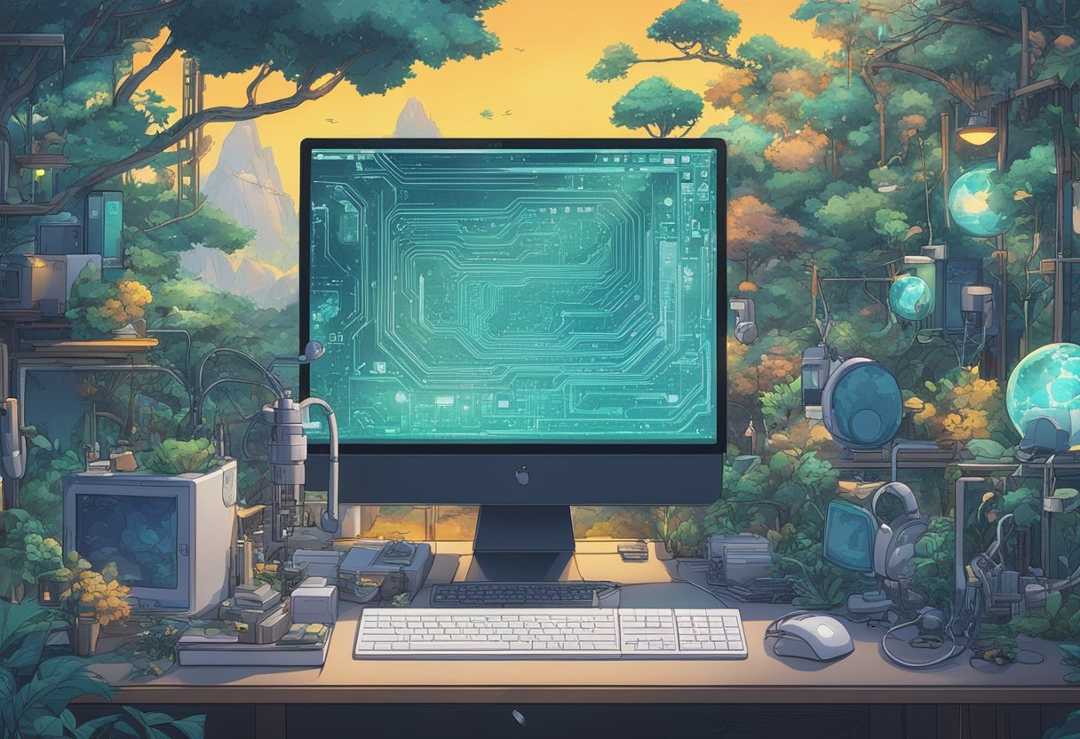 A computer screen displaying code surrounded by various tech tools and natural elements, representing the interconnectedness of JavaScript with the ecosystem