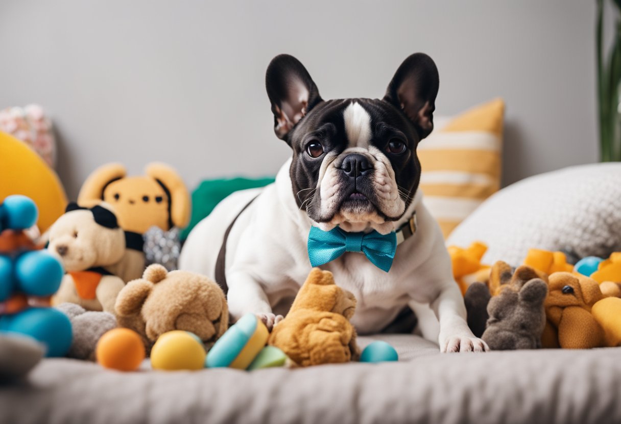 A French Bulldog sits on a plush bed, surrounded by toys and treats. A price tag dangles from its collar, with dollar signs in the background