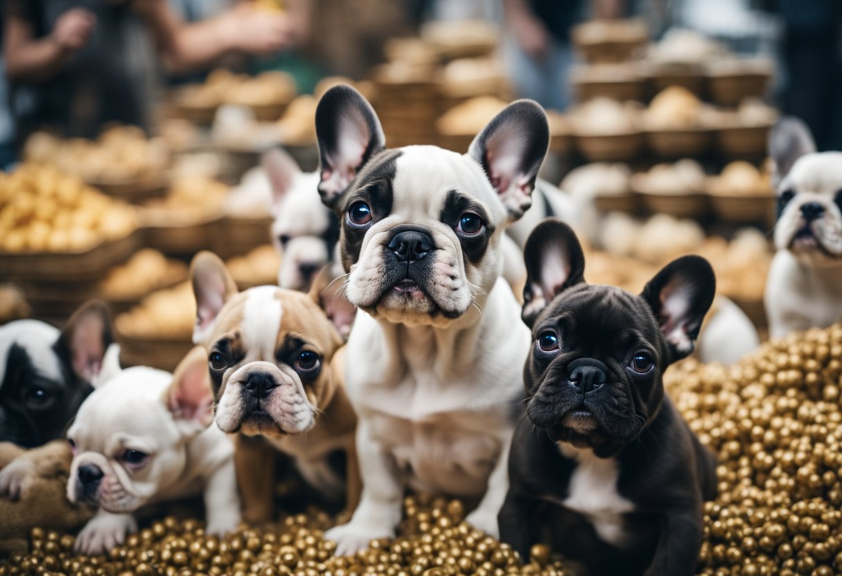 French Bulldog puppies displayed in a bustling market, with varying price tags and eager buyers