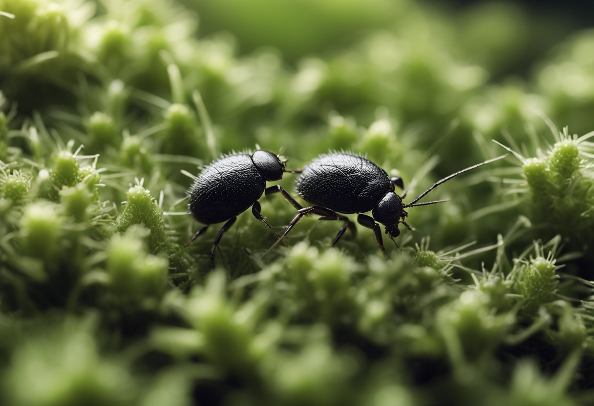 Tiny mites crawl in the dog's fur, some with eight legs and oval bodies, others with long, segmented bodies and short legs