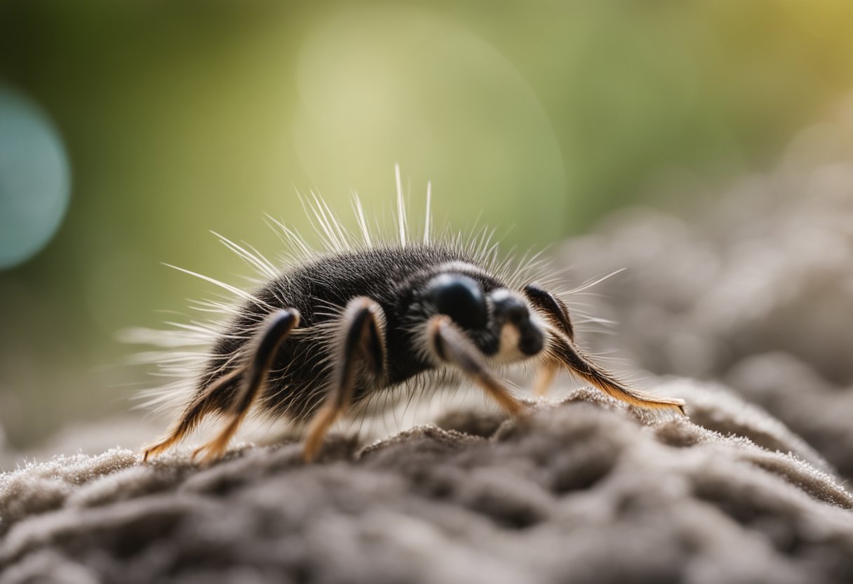 A close-up of a dog's fur, showing small, oval-shaped mites crawling on the skin