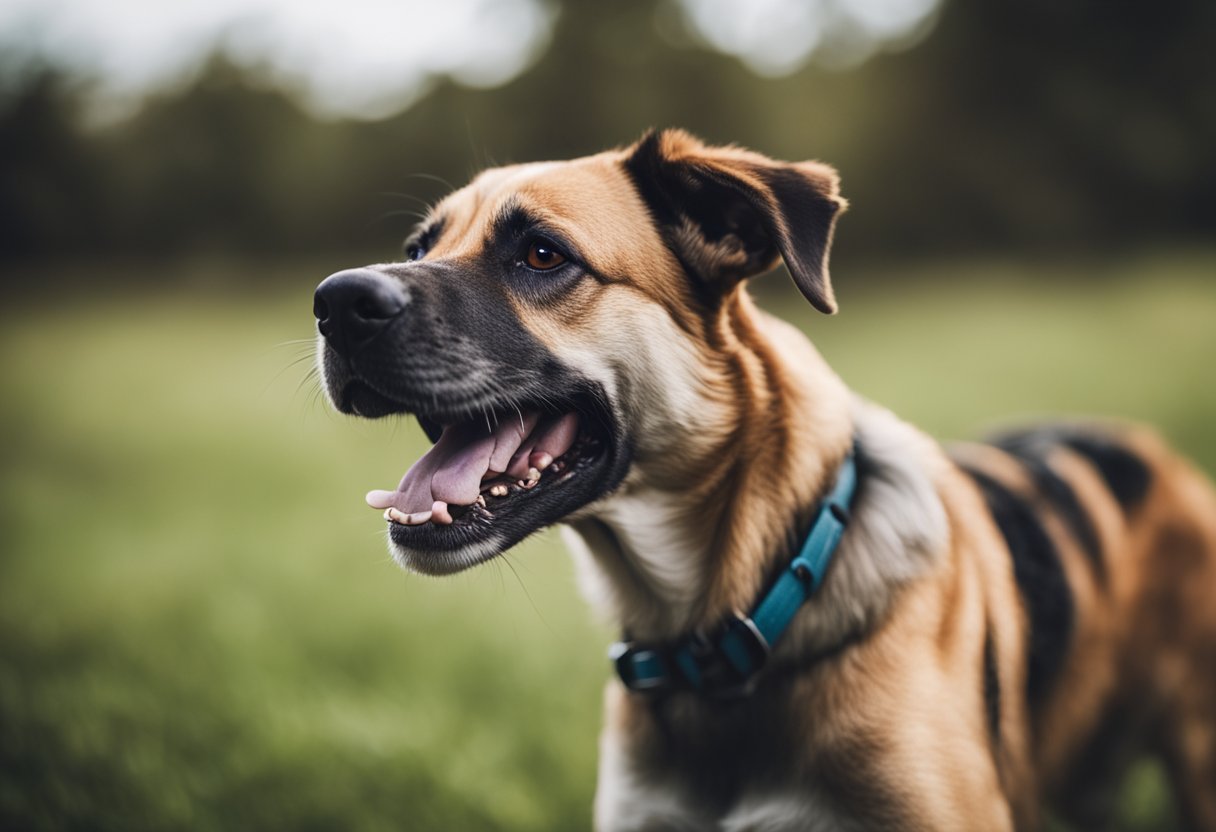 A dog scratching furiously, with visible red, inflamed skin and small, dark specks scattered throughout its coat