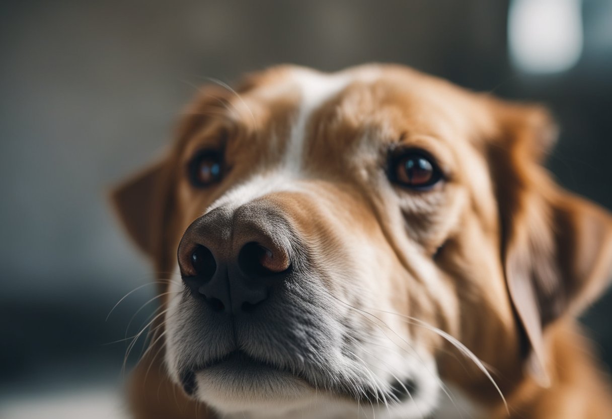 A dog scratching its ears vigorously, with red, inflamed skin and visible tiny, white specks crawling in its fur