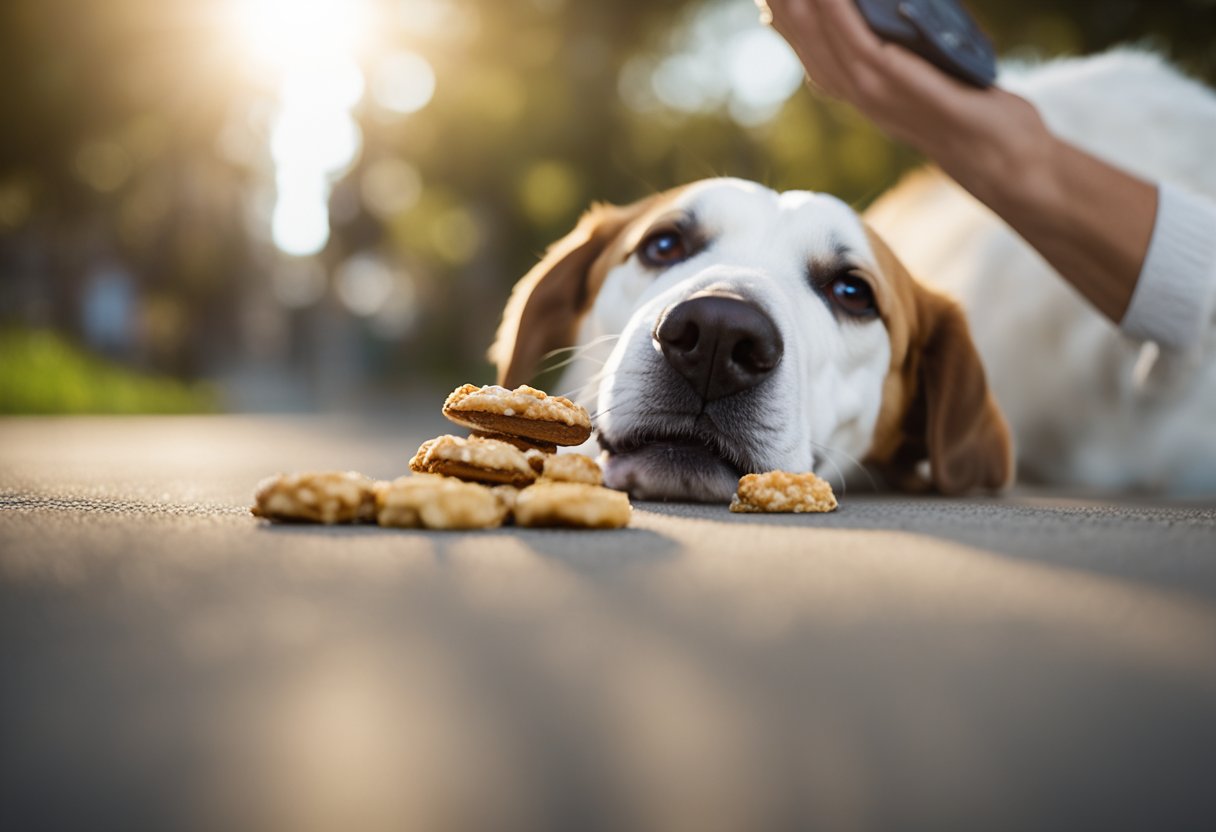 A dog lying on its side, looking up at a person with a treat. The person is holding the treat above the dog's head, encouraging it to roll over