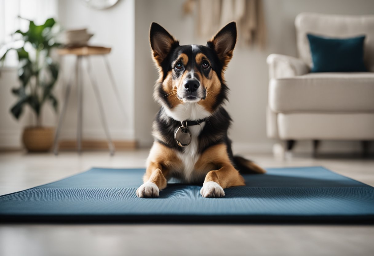 A dog sitting on a soft mat, looking alert. A treat is held in front of its nose, as the trainer's voice encourages it to roll over